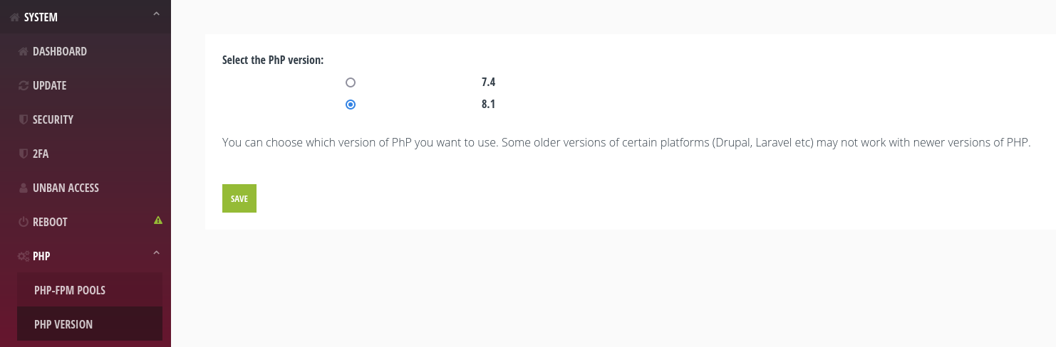 Configurar versión de PHP