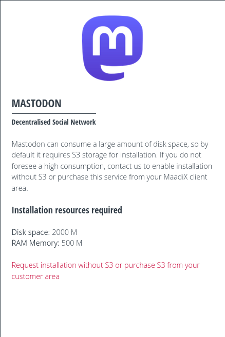 Disabled installation of Mastodon